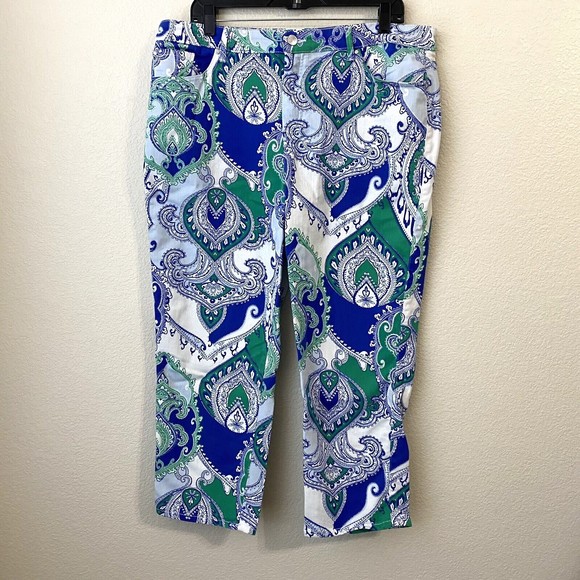 Chico's Pants - Chico's Platinum Crop Pants Size 3 XL 16 Green White Paisley FLAWED